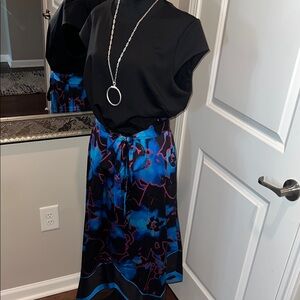 Black Top with Blue and Purple Skirt